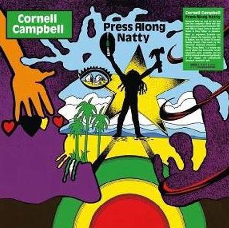 Links oben steht "Cornell Campbell". Daneben "Press Along Natty". Eine bunte Illustration mit Figuren und Landschaft.