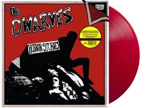 Text: "The Dwarves", "Horror Stories".  
Rotes Schallplatten-Cover mit Silhouetten und einem roten Vinyl.