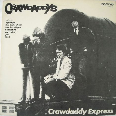 "the CRAWDADDYS", Songliste und "Crawdaddy Express". Schwarz-weiß-Foto einer Band vor einer Lokomotive.