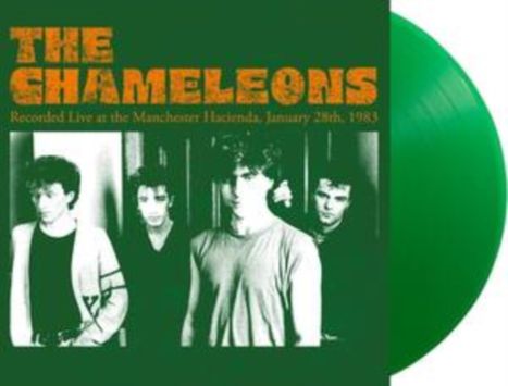 "The Chameleons. Recorded Live at the Manchester Hacienda, January 28th, 1983." Vier Männer in Schwarz-Weiß vor Türen.