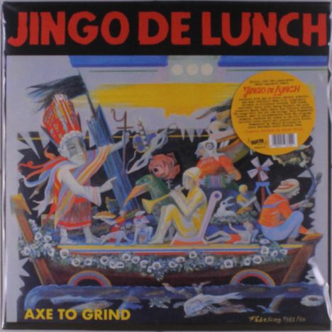 "Jingo De Lunch", "Axe to Grind". Buntes, fantasievolles Bild von Menschen und Tieren auf einem reich verzierten Boot.