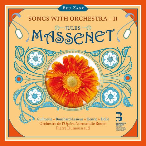 Songs with Orchestra II, Jules Massenet. Orange Blume zentriert, umgeben von blauen Mustern.