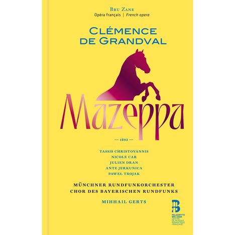 Text: "Clémence de Grandval, Mazeppa, 1892." Illustration: Pferd im Profil, gelber Hintergrund, lila-pinker Farbverlauf.