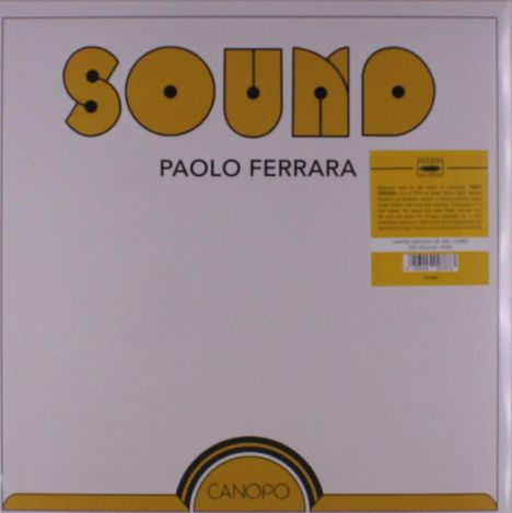 Text: "SOUND", "PAOLO FERRARA", "CANOPO". Gelber Hintergrund, moderne Schrift. Minimalistisches Design.