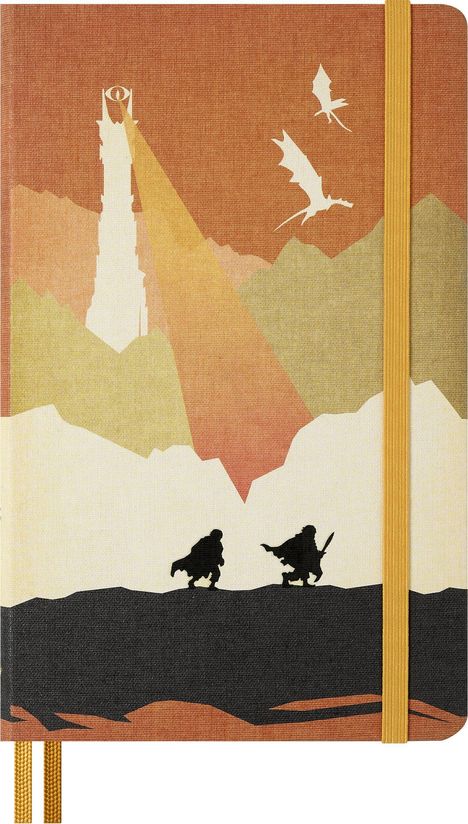 Illustration: Zwei Figuren in schwarzen Silhouetten laufen. Ein Turm strahlt ein Auge nach oben, über ihm fliegen zwei Drachen.