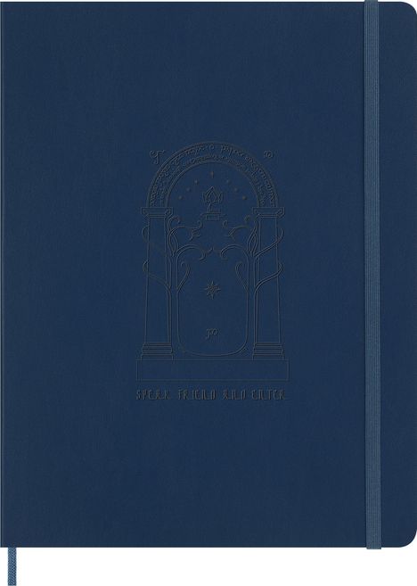 "Speak Friend and Enter" steht auf einem dunkelblauen Notizbuch mit einem präzisen, eingravierten Design von zwei Säulen.
