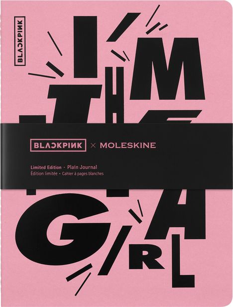 BLACKPINK x MOLESKINE, Limited Edition, Plain Journal. Schwarze, große Buchstaben "I'M THE GIRL". Pinker Hintergrund.