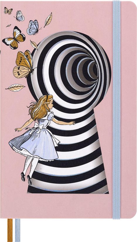 Illustration: Ein Mädchen vor einem spiralförmigen Schlüsselloch, umgeben von Schmetterlingen und Blättern auf rosa Hintergrund.