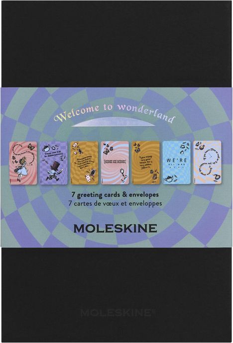 „Welcome to wonderland“ auf einem gemusterten Hintergrund. Sieben Grußkarten mit Illustrationen sind dargestellt.
