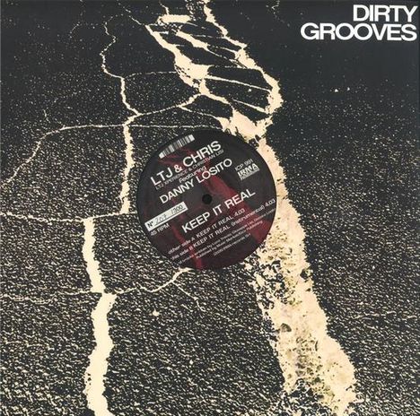 "Keep It Real" von LTJ & Chris feat. Danny Losito. Ein runder Aufkleber auf einer rauen, rissigen Oberfläche. Oben das Logo "Dirty Grooves".