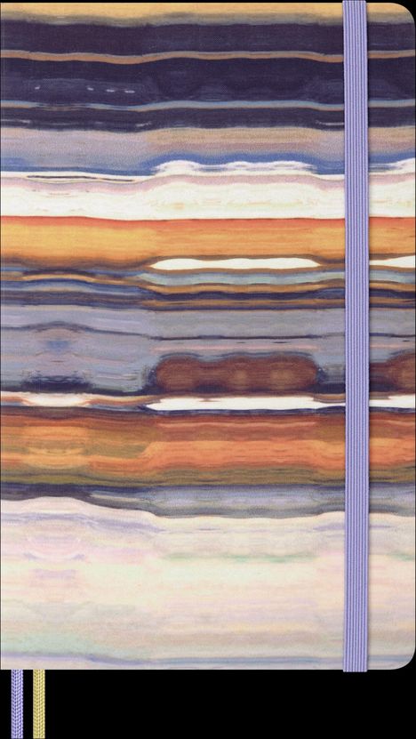 Illustration mit horizontalen, verwischten Streifen in Blau, Orange und Weiß, mit lila Gummiband und zwei Bändchen.