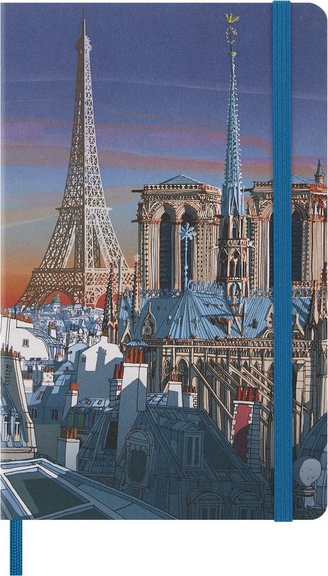 Illustration: Der Eiffelturm und Notre-Dame ragen über die Dächer von Paris mit einem farbenfrohen Himmel im Hintergrund.