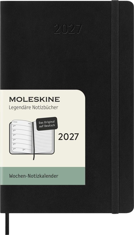 „MOLESKINE“, „Legendäre Notizbücher“, „Das Original auf Deutsch“, „2027“, „Wochen-Notizkalender“. Schwarzes Cover.