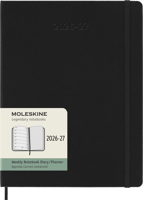 "2026-27", "MOLESKINE", "Legendary notebooks", "Weekly Notebook Diary/Planner". Schwarzes Notizbuch mit elastischem Band.