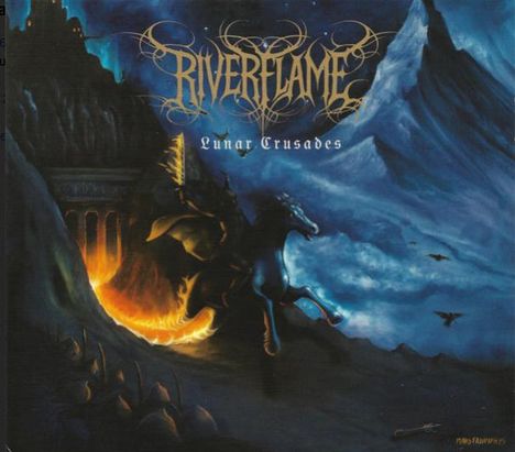 "Riverflame", "Lunar Crusades". Eine fantastische Szenerie mit berittenem Krieger vor glühendem Tor und schroffer Berglandschaft.