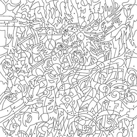 Ein komplexes, abstraktes Linienmuster mit verschlungenen Formen und vereinzelten geometrischen Elementen.