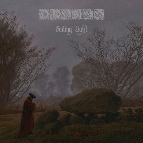 „Fading Light“ in gotischer Schrift. Illustration: Düstere Landschaft mit kahlen Bäumen und einer Person in einem roten Mantel.