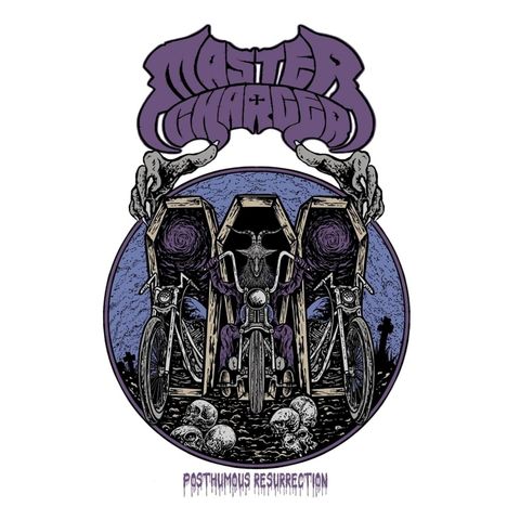 „Master Charger“, „Posthumous Resurrection“. Illustration mit Särgen, Motorrädern und Totenschädeln. Skeletthände oben.