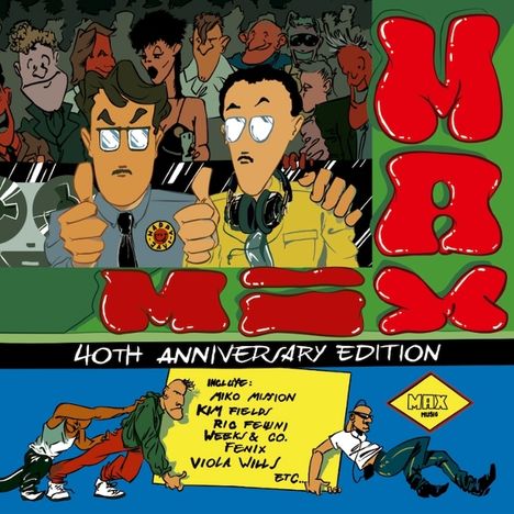 "40th Anniversary Edition" und Künstlernamen. Illustration mit zwei Männern, Daumen hoch, und einer Gruppe im Hintergrund.