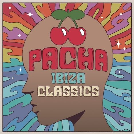 Text: "Pacha Ibiza Classics". Illustration eines Kopfes mit buntem, psychedelischem Hintergrund und Kirschen-Logo.
