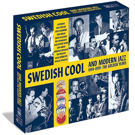 "Swedish Cool and Modern Jazz 1949-1959: The Golden Years." Fotos von Jazzmusikern, blau-gelbes Design, Vinyl-Schachtel.