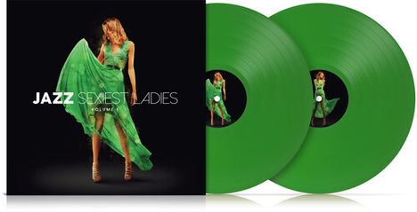 "JAZZ SEXIEST LADIES VOLUME 1". Eine Frau in einem grünen Kleid, zwei grüne Schallplatten.