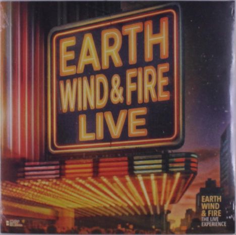 "EARTH WIND & FIRE LIVE" in großen Neon-Buchstaben auf einem Leuchtschild, darunter eine Theaterszene mit Lichtern.