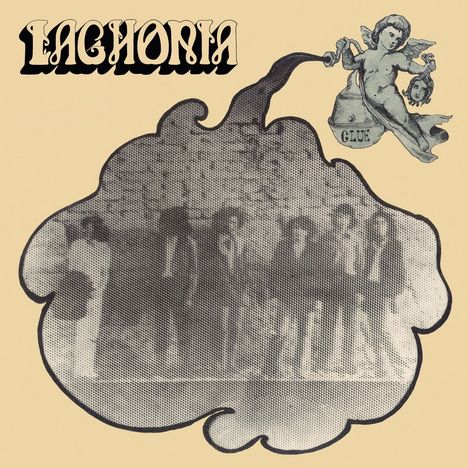 Text: "Laghonia", "Glue". Logo: Engel gießt Flüssigkeit. Darunter eine Gruppe von Menschen in Graustufen.