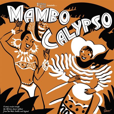 "Mambo Calypso", rhythmische afro-karibische Illustration mit tanzenden Figuren und fröhlicher Atmosphäre.