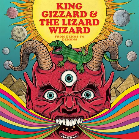 "King Gizzard & The Lizard Wizard, From Demos to Demons." Illustration eines roten Dämonenkopfes mit Regenbogenstrahlen.