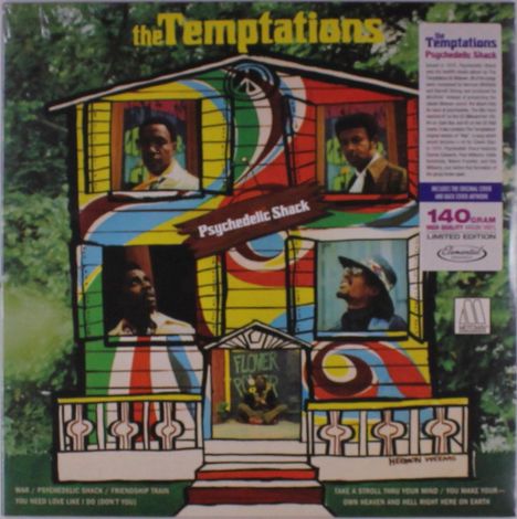 "The Temptations Psychedelic Shack" steht auf einem bunten, psychedelisch gestalteten Haus mit Bildern der Bandmitglieder.