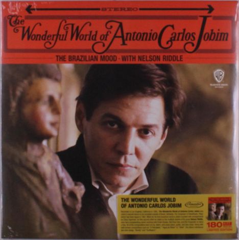 "The Wonderful World of Antonio Carlos Jobim" in geschwungenen Lettern, Kopf eines Mannes neben einer Skulptur.