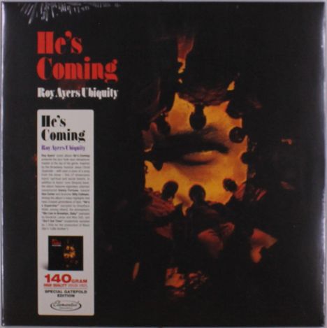 "He's Coming" und "Roy Ayers Ubiquity". Dunkles Cover mit abstrakten, warmen Farben.