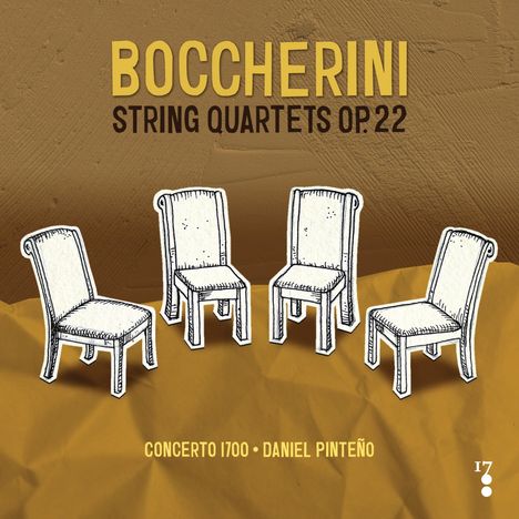 „BOCCHERINI STRING QUARTETS OP.22“ steht oben. Darunter vier gezeichnete, weiße Stühle auf braunem Hintergrund.
