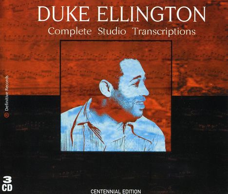 "Duke Ellington: Complete Studio Transcriptions, 3 CD, Centennial Edition. Portrait in Rot und Blau einer lächelnden Person."