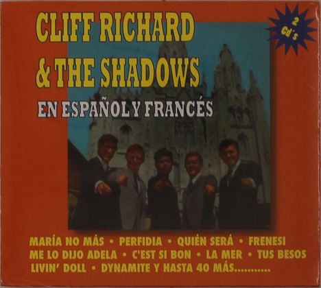 Text: "CLIFF RICHARD & THE SHADOWS EN ESPAÑOL Y FRANCÉS" und Liederliste auf rotem Hintergrund. Foto von fünf Männern vorne.