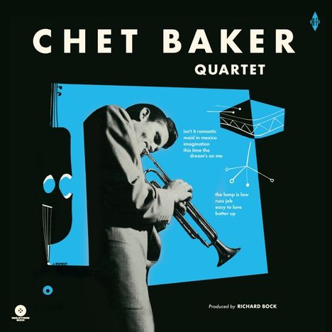 "Chet Baker Quartet" oben, Songtitel rechts. Illustration: Mann spielt Trompete, Hintergrund blau, Kontrabass-Silhouette links.