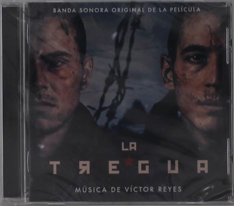 "LA TREGUA" – Banda sonora mit Musik von Víctor Reyes. Zwei ernsthafte, von Kerben gezeichnete Gesichter.