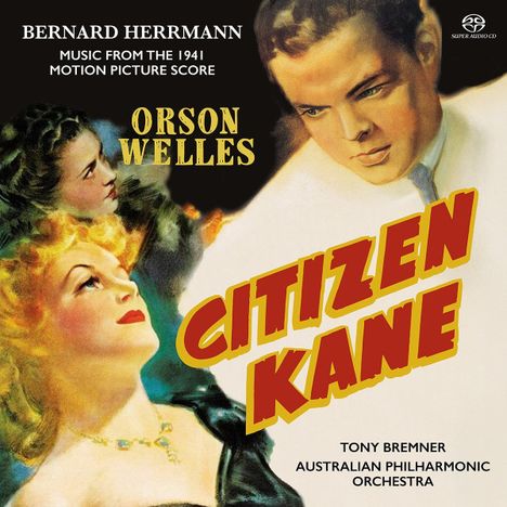 "Citizen Kane" in großer gelber Schrift, Porträts von vier Personen, darunter ein nachdenklicher Mann und eine glamouröse Frau.