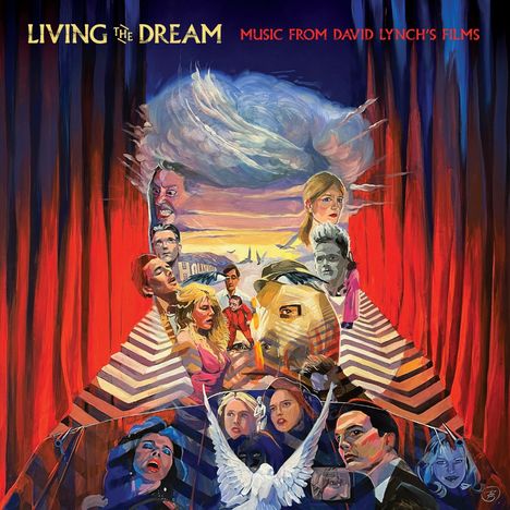 "Living the Dream. Music from David Lynch's Films." Farbenfrohe Illustration mit filmischen Elementen, Gesichtern und Landschaften.