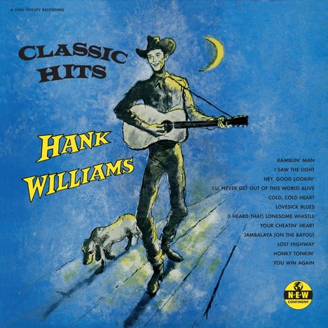 "Classic Hits" und "Hank Williams" in Gelb, darunter Songtitel. Illustration eines Mannes mit Gitarre und Hund.