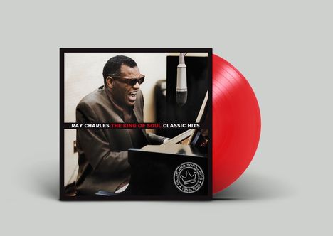 "RAY CHARLES THE KING OF SOUL CLASSIC HITS" auf einem Albumcover mit roter Vinyl-Schallplatte.