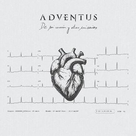 „ADVENTUS, De mi corazón y otros rincones“ über einem gezeichneten anatomischen Herz und EKG-Linie.