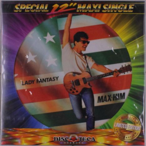 Oben steht "SPECIAL 12'' MAXI SINGLE". Ein Mann mit Gitarre vor bunten Streifen. Text: "LADY FANTASY", "MAX-HIM".