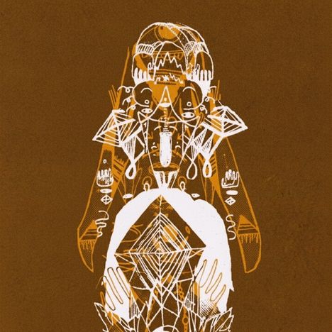 Die Illustration zeigt ein komplexes Muster aus geometrischen und abstrakten Formen in Weiß und Orange auf braunem Hintergrund.