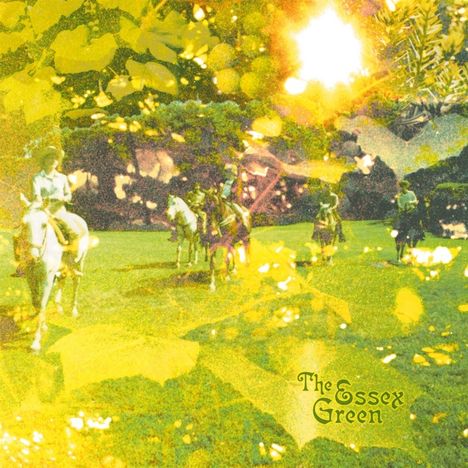 Text: "The Essex Green". Mehrere Reiter auf weißen Pferden vor grüner, von gelben Blättern überlagerter Landschaft.