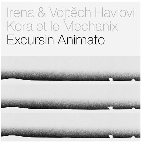 Text: "Irena & Vojtěch Havlovi, Kora et le Mechanix, Excursin Animato". Unter dem Text sind drei graue Bänder mit ungleichmäßigen Kanten.