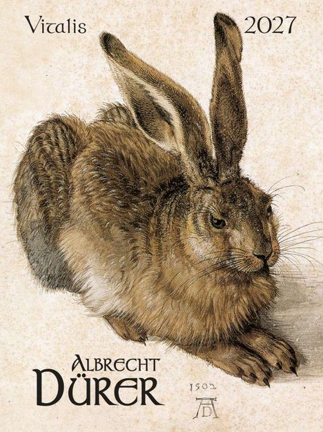 Text: „Vitalis 2027 Albrecht Dürer“. Illustration eines detaillierten, sitzenden Hasen, genannt „Feldhase“.