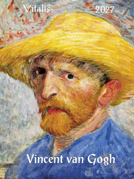 Text: Vitalis, 2027, Vincent van Gogh. Eine bunte, impressionistische Illustration eines Mannes mit Strohhut und Bart.