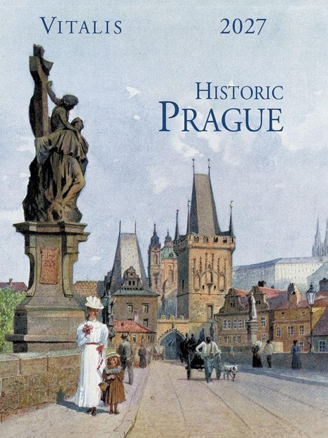Text: "VITALIS 2027 HISTORIC PRAGUE". 

Illustration einer belebten, historischen Straßenszene mit Menschen und Gebäuden.